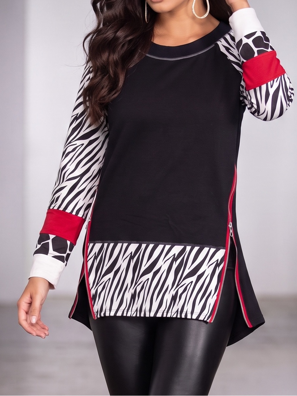Olya Black Zebra-Print Crewneck Pullover with Red Trim